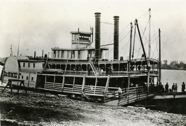 The De Smet, pictured at Fort Benton, Montana, was built for Captain LaBarge in 1871 after he sold his steamboat Emilie LaBarge. The De Smet was 188.4 feet long and 34 feet wide. It later burned near Newport, Arkansas, on June 12, 1886.